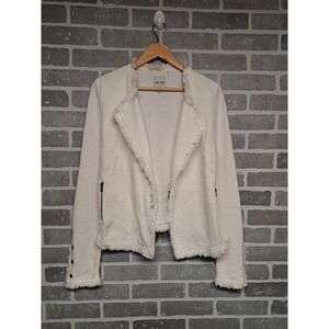 Nic+Zoe Cream  Fringe Tweed Chic Textured Open Front Zip Pockets Blazer Jacket M